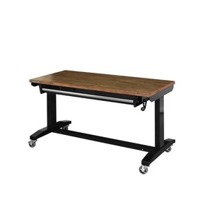 lot 66292 image: Husky 52 in.W x 24 in. D Steel 1-Drawer Adjustable Height Workbench with Dark Stained Wood Top in Gloss Black Retail $209.99
