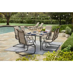 lot 66300 image: Glenridge Falls 6-Piece Metal Outdoor Dining Rocking Sling Chairs in Putty -Retail $1,377.42