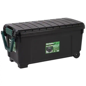 lot 66312 image: Remington 43 Gal Rolling Plastic Storage Tote with Buckles &amp Handle, BlackGreen -Retail $83.87