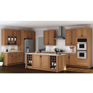 lot 66334 image: Hampton Bay Hampton Medium Oak Raised Panel Assembled Drawer Base Kitchen Cabinet with Drawer Glides (18 in. x 34.5 in. x 24 in.) -Retail $292.00