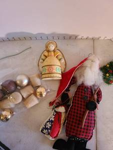 lot 2040 image: Stuffed Santa, angel, ornaments and votives