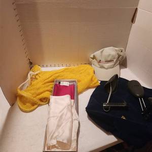lot 2104 image: 3 silk scarves, shoe tote, ballcap and bag