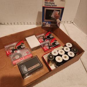 lot 2110 image: Rechargeable batteries size D, Maxell cassettes and Anti Static video cleaning system