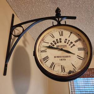 lot 2201 image: Vintage Dodge City Station Big Western Railroad Co. dual face clock with wall mount approx 17 x 17