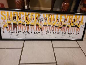 lot 2219 image: Framed WSU womens volleyball team poster about 12 x 37