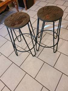 lot 2304 image: Pair of metal and wood WSU Wu-Shock carved counterstools 26 tall