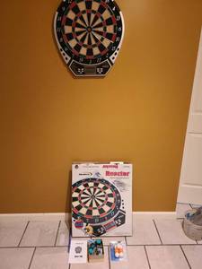 lot 2311 image: Halex Reactor electronic dartboard, darts, and foosball balls