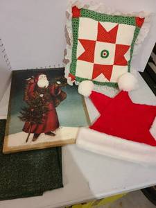 lot 3060 image: Santa hats, holiday pillow, wall decor 18 x 14