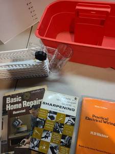 lot 4058 image: Books, router part, tote, bins