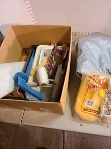 lot 4098 image: Painting supplies with drop cloths and tarp