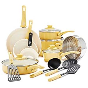lot 2321 image: GreenLife Soft Grip Healthy Ceramic Nonstick Yellow Cookware Pots and Pans Set 16-Piece