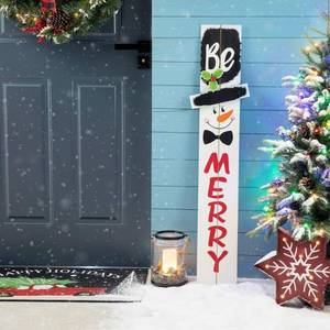 lot 14132 image: Glitzhome Wooden Snowman Porch Sign - Merry