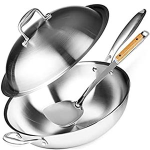 lot 2403 image: Willow & Everett Wok Pan - Non-Stick Stainless Steel Stir Fry Pans With Domed Lid & Bamboo Spatula - Scratch Proof Cookware For Gas, Induction Or Electric Stove (B074CSV98T)