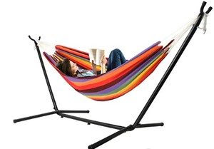 lot 8255 image: Grecodown 9.6ft Double Hammock CoffeeBlue Stripes&nbsp(stock photo approximate - color varies see pics)