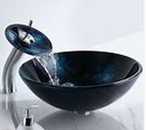 lot 14165 image: Glass Vessel Sink And Waterfall Faucet Combo&nbsp(stock photo approximate)