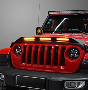 lot 14119 image: Hooke Road Bug Deflector Shields Hood Protector Guard w Amber Lights Compatible with Jeep Wrangler