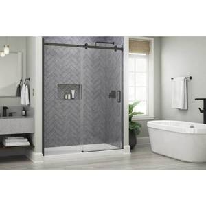 lot 9014 image: Delta Commix 60 in - W x 76 in - H Sliding Frameless Shower Door in Matte Black with 5-16 in - 8 mm - Clear Glass