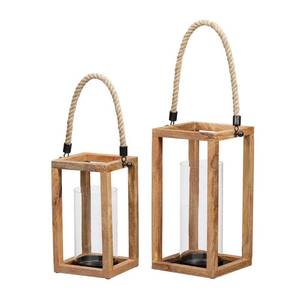 lot 9022 image: StyleWell Natural Wood Lantern Candle Holder - Hanging or Tabletop with Rope Handle  - Set of 2