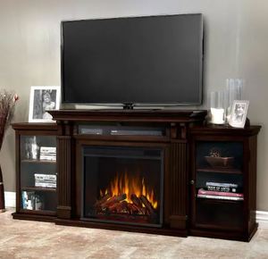 lot 9028 image: Calie Entertainment 67 in Media Console Electric Fireplace TV Stand in Dark Walnut - Retail $1749