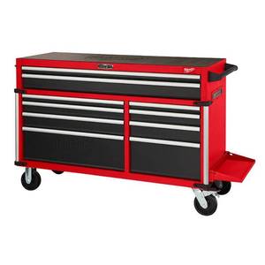 lot 9104 image: Milwaukee High Capacity 56 in 10-Drawer Roller Cabinet Tool Chest Red and Black - Damaged - Retail $1099
