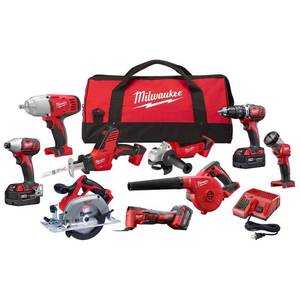 lot 9128 image: Milwaukee M18 18V Lithium-Ion Cordless Combo Tool Kit 9-Tool with 3 40 Ah Batteries Charger and Tool Bag - Retail $990