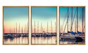 lot 23242 image: wall26 Framed Wall Art Print Set Docked Boats on The Sunset Marina Nature Ocean Photography Realism Nautical Scenic Multicolor Ultra for Living Room, Bedroom, Office - 16x24x3 Natural