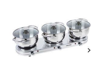 lot 23255 image: Kalorik 1650-Watt Stainless Steel Triple Buffet Burner wPots & Lids - 764-936