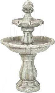 lot 23279 image: Sunnydaze 2-Tier Solar-Powered Outdoor Water Fountain with Battery Backup - Outdoor Garden and Patio Decor Waterfall Feature - White Earth Finish - 35-Inched