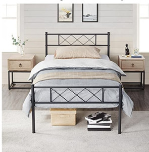 lot 23308 image: Yaheetech Twin Metal Platform Bed Frame Mattress Foundation with Headboard and Footboard No Box Spring Needed Under Bed Storage Steel Slats for Boy Girl Black