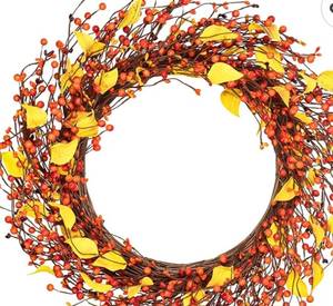 lot 180036 image: DearHouse 18 inch Artificial Fall Wreath Red Berry Wreath Fall Maple Leaf Wreath for Front Door Fall Decorations