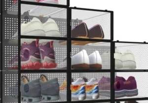 lot 180109 image: 12-Pack Shoe Storage Boxes - Shoes Organizer for Closet - Clear Plastic Stackable Shoe Containers - Clear Shoe Boxes Stackable and Foldable For Sneaker Storage, Books, Toys, Tools Black