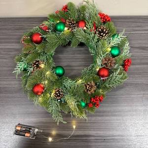 lot 4609 image: 16 inch Christmas Wreath Pre Lit w 50 Led Lights, Battery Operated, Batteries Not Included