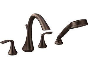 lot 4620 image: Moen Eva Oil Rubbed Bronze Two-Handle High Arc Roman Tub Faucet and Hand Shower without Valve, T944ORB