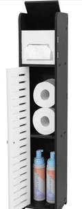 lot 4634 image: Small Bathroom Cabinet, Toilet Paper Storage Cabinet, Narrow & Tall Toilet Organizer, Bath Sink Shelf for Towel Paper Bathroom Supplies, Black. Assembled for photos only but new in box unassembled.