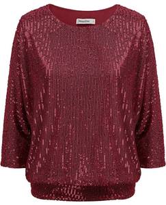 lot 4638 image: JASAMBAC Womens Sparkle Sequin Tops Shimmer Glitter Loose Cold Shoulder Party Tunic Batwing Dolman Dressy Tops