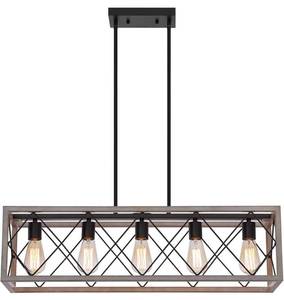 lot 4677 image: New out of box Rectangle Farmhouse Chandelier,ORB and Oak White 5-Lights Vintage Rustic Island Rectangle Linear Light Fixtures for Kitchen Dining Room Island Foyer L31.5 UL Listed