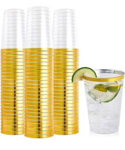 lot 4722 image: 100 Pack 12 oz Gold Rimmed Plastic Cups, FOCUSLINE Clear Plastic Cups Tumblers, Heavy-duty & Fancy Disposable Hard Plastic Cups with Gold Rim for Wedding Cups Elegant Party Cups