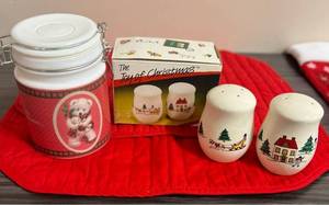 lot 4766 image: Holiday Collection Salt and Pepper Shaker, Glass Bear Canister and 2 Red Place Mats.