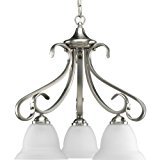 lot 586 image: Progress Lighting P4405-09 3-Light Chandelier with Etched White Bell-Shaped Glass Bowls and Squared Scrolls and Arms, Brushed Nickel