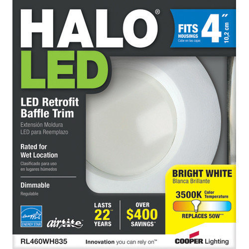 lot 749 image: Halo Recessed RL460WH835 4-Inch Recessed LED 3500K Retrofit Baffle and Trim Ring