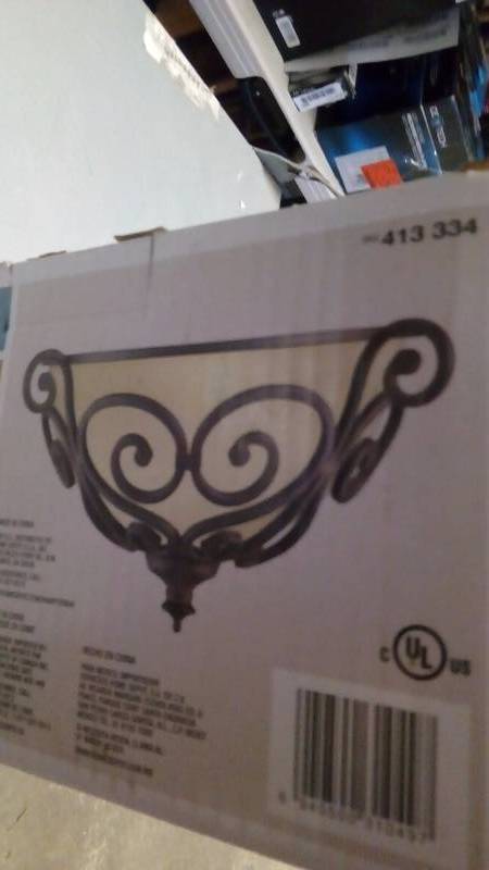 lot 808 image: Hampton Bay Aplique 1-Light Aged Iron Half Wall Sconce with Scavo Glass