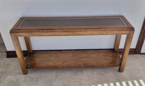 lot 117 image: Sofa Table with Rattan Accent and Glass Insert - 53 x 15.5 x 27