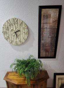 lot 127 image: Rustic Clock, Shakespeare Framed Art 15 x 40 and Faux Plant in Planter