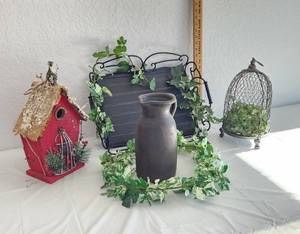 lot 153 image: Decorative Tray, Pottery Pitcher, Bird House and Metal Cage