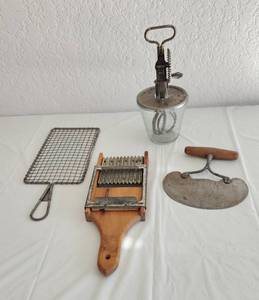 lot 156 image: Antique Egg Beater, Chopper, Mandolin Slicer and Grater