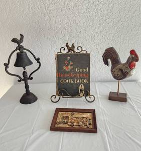 lot 157 image: Rooster Cast Iron Bell, Wooden Rooster, Metal Rooster Stand and Cookbook