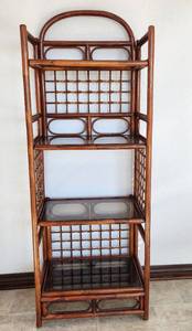 lot 161 image: Vintage Bamboo Shelf with Glass Shelves - 28 W x 18D x 76 H
