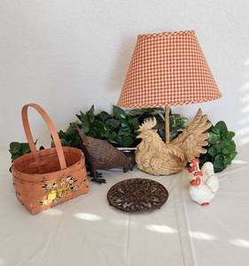 lot 162 image: Rooster Lamp, Salt & Pepper Shakers, Cast Iron Trivet, Basket and Wood Rooster