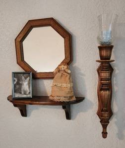 lot 171 image: Wood Mirror, Shelf, Sconce and Decor