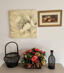 lot 192 image: Wire Basket and Vase, Floral Arrangement in Metal Basket and Wall Art